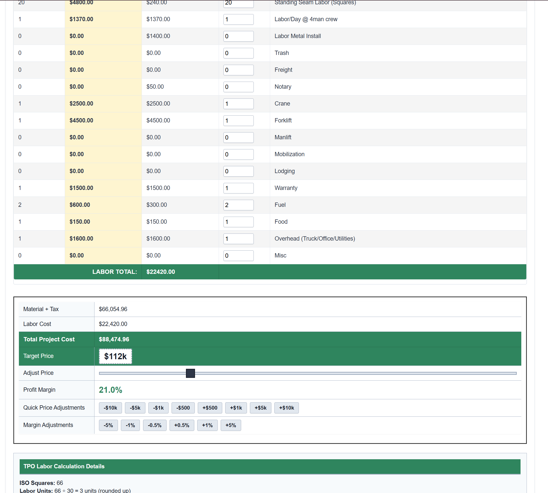 Commercial roofing estimating software calculator showing TPO materials cost breakdown, labor hours, and real-time pricing for contractors