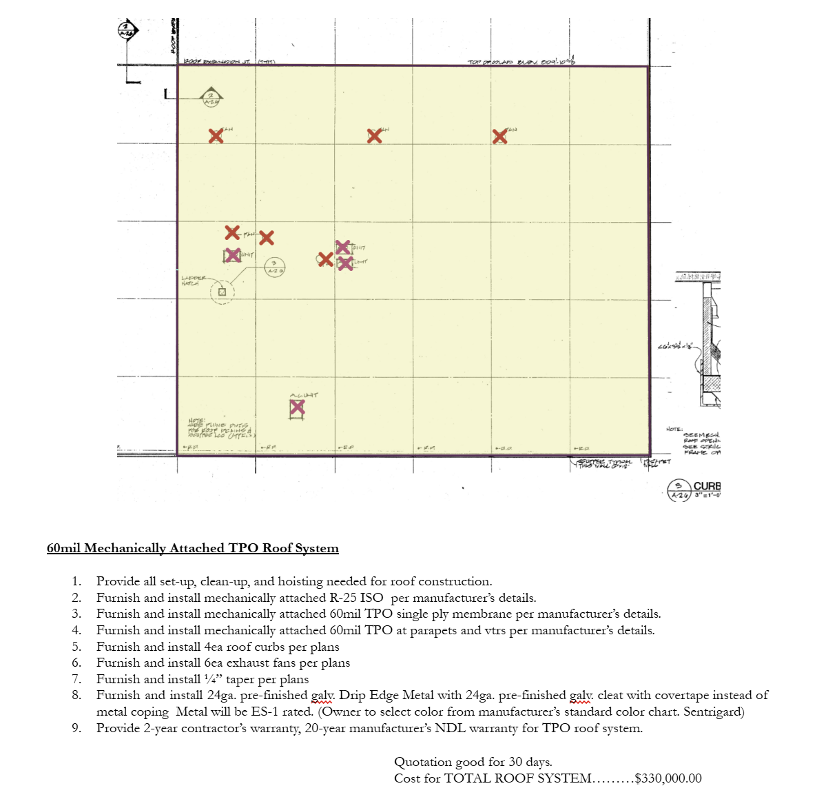 Automated commercial roofing proposal document with custom branding, pricing breakdown, and scope of work generated by RW Solutions software